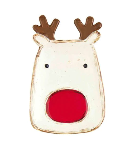 Farm Christmas Tidbit Plates: hand-painted, reindeer-shaped stoneware plate with brown antlers and a red nose.