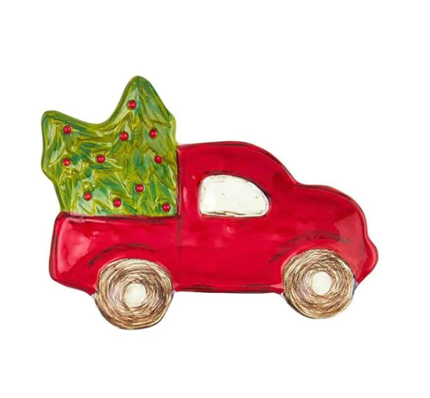 Farm Christmas Tidbit Plate shaped like a red pickup truck with a Christmas tree.
