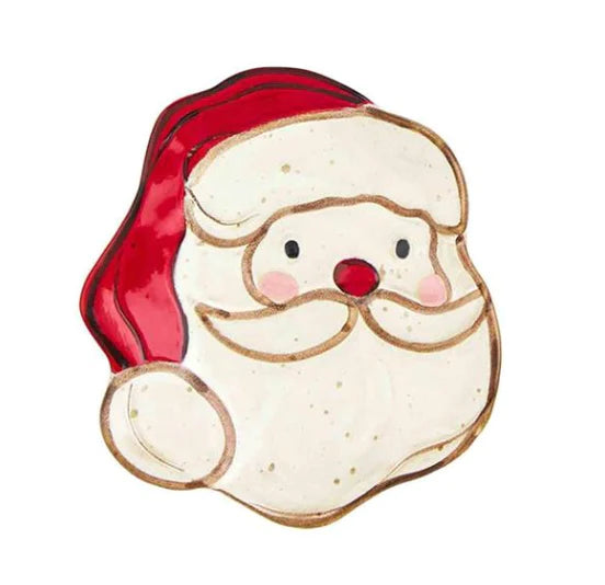 Santa Claus shaped Farm Christmas Tidbit Plate in hand-painted stoneware with red hat, white beard, and pink cheeks.