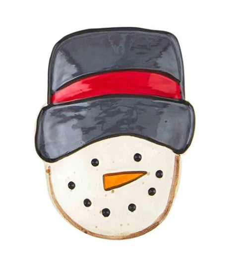 Farm Christmas snowman-shaped hand-painted stoneware tidbit plates with black top hats and red bands.