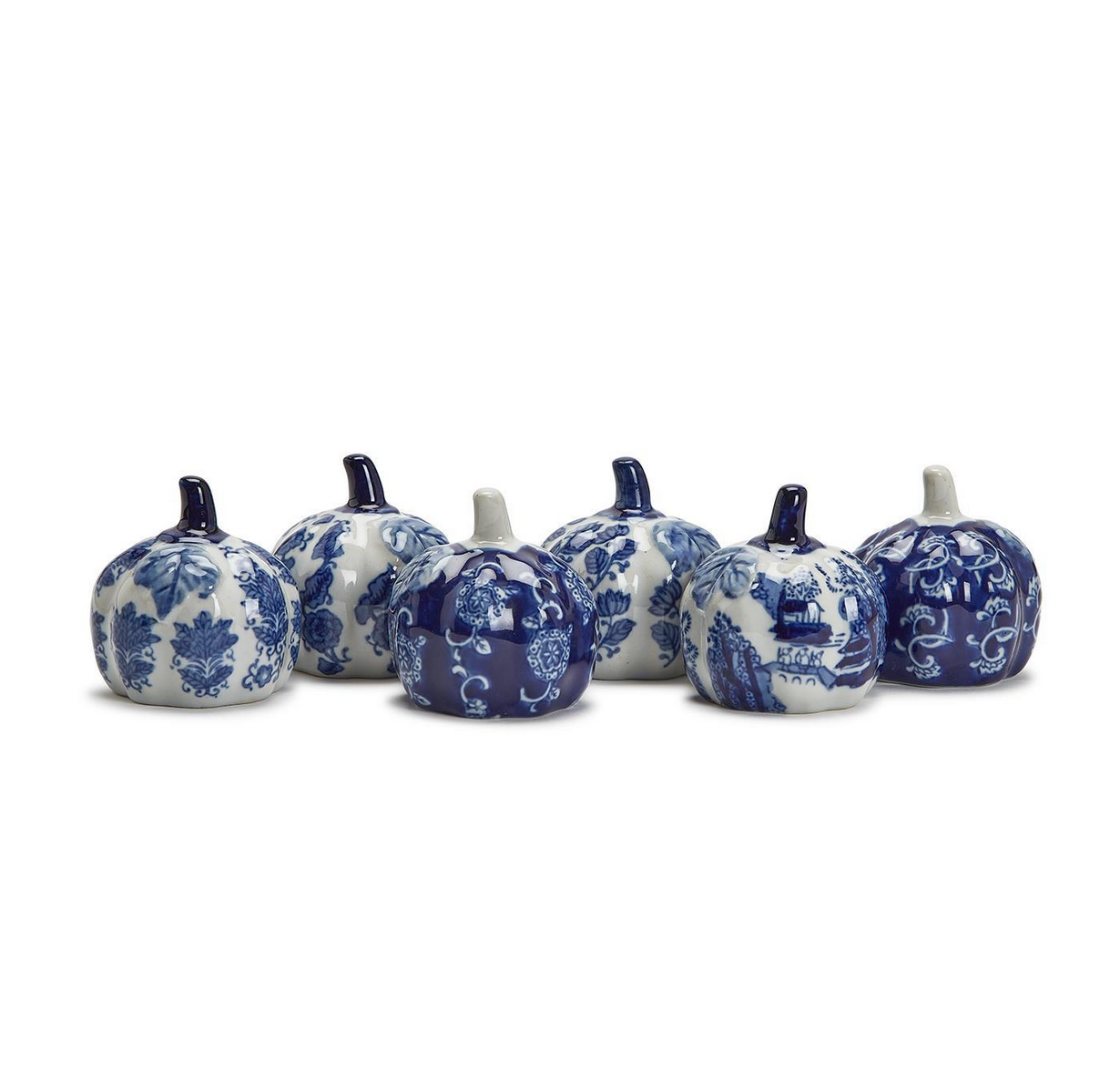 A row of six Blue and White Hand Painted Pumpkins with intricate blue and white floral and landscape patterns on a white background.