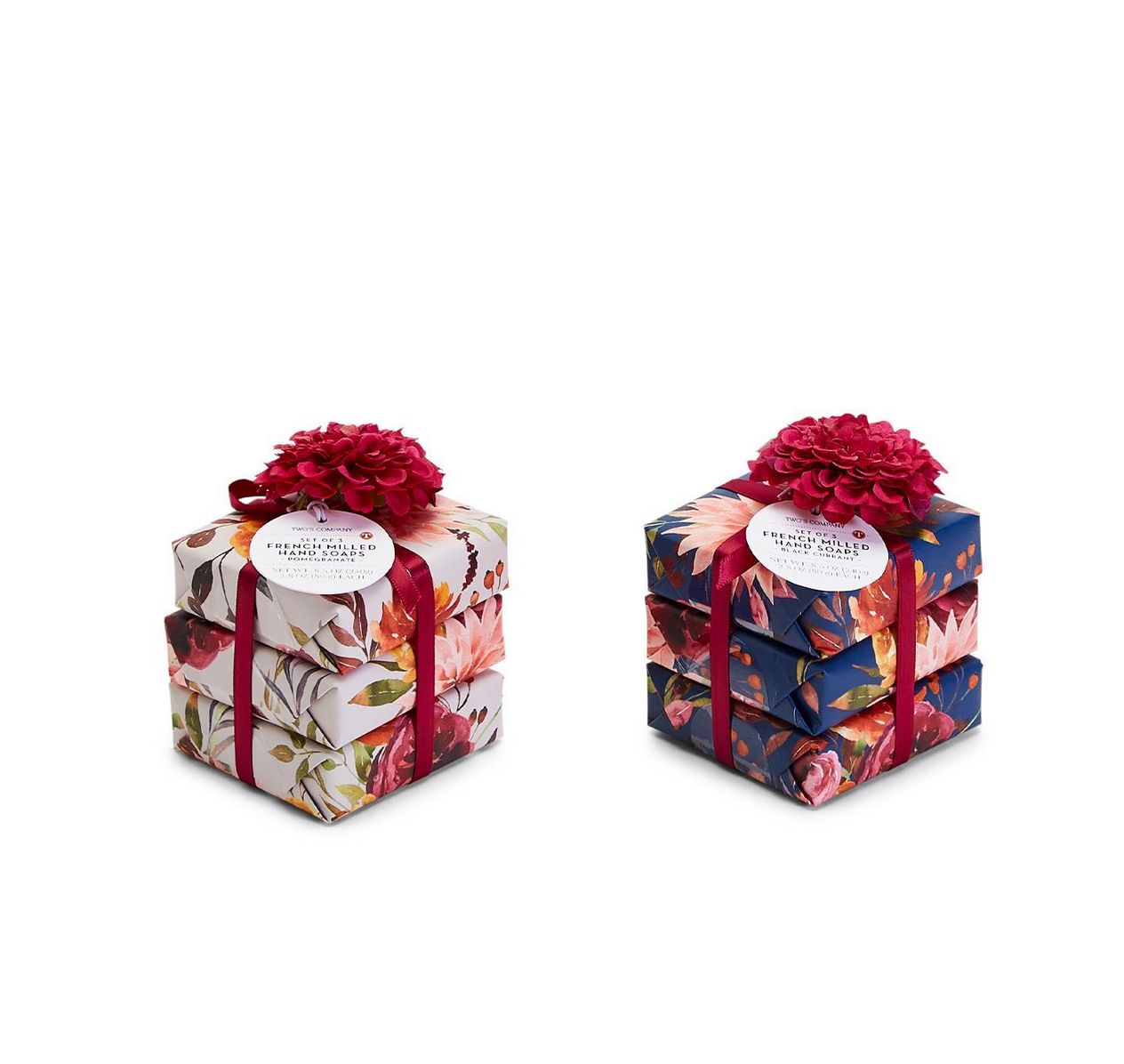 This is a set of two "Blooms and Berries" French Milled Hand Soaps, packaged in gift boxes. Each box comes adorned with a red flower and includes a white gift tag. Available in one size.