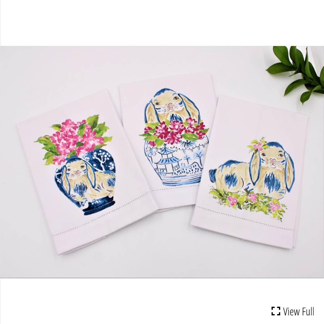 Handpainted Tea Towel, Bunny Blossoms