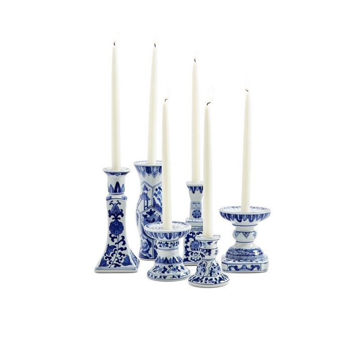 Set of six hand-painted blue and white Canton Candleholders with unique patterns. Available in 8" and 12" sizes.