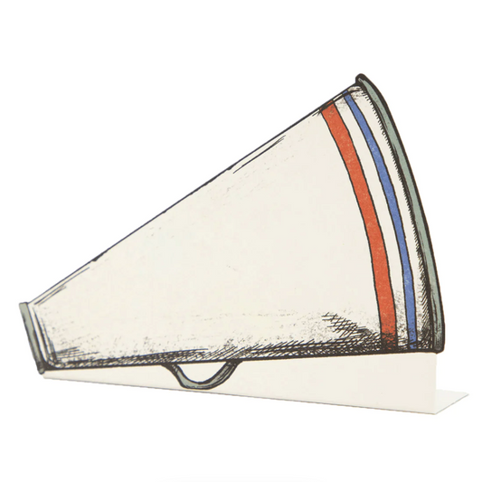 Vintage-style megaphone place card with red and blue stripes. Available sizes: small, medium, large.