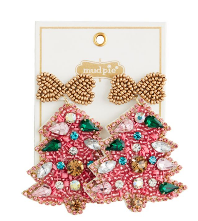 Holiday Beaded Earrings featuring hypoallergenic posts and a goldtop bow design. The trees are decorated with pink beads and various gemstones in green, white, pink, and gold. Available in 3 styles on a Mud Pie branded card.