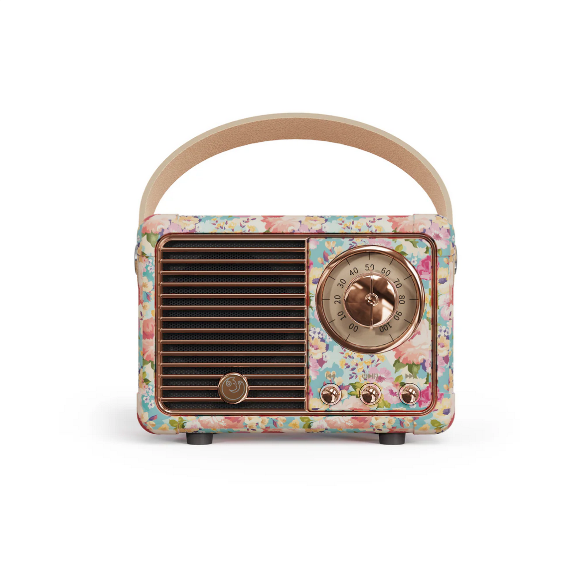Floral Vintage Speaker: Floral-patterned exterior, retro vibes, large round tuning dial, two smaller dials, speaker grid, tan carrying handle. Bluetooth technology. Available sizes: Small, Medium.