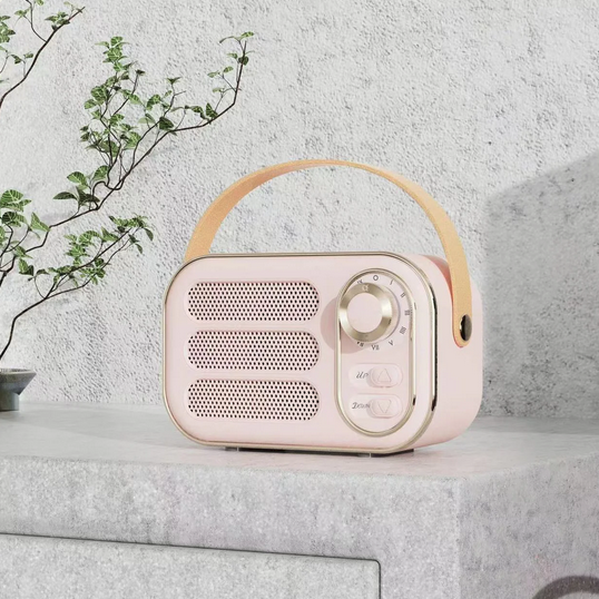 Pink Vintage Bluetooth Speaker with tan handle, available in small, medium, and large sizes.