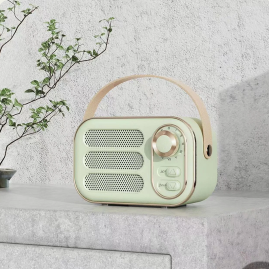 Vintage Bluetooth Speaker with beige handle and control knobs. Available in small, medium, and large sizes.