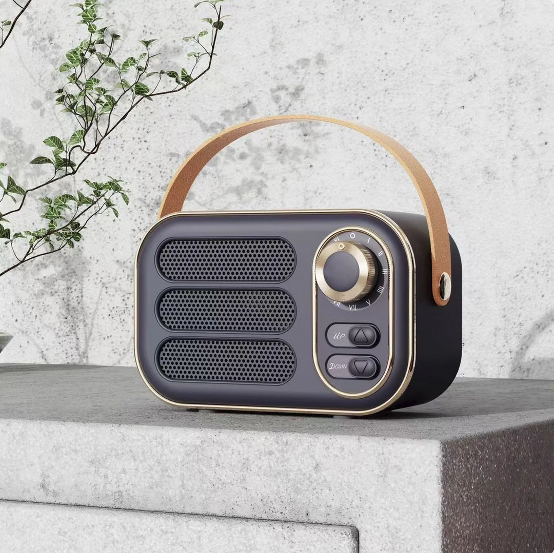 Vintage Bluetooth Speaker with leather handle, large dial, and two buttons. Available in small, medium, and large sizes.
