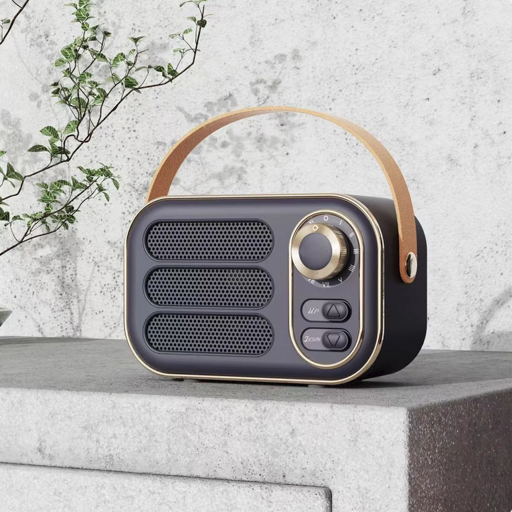 Vintage Bluetooth Speaker with leather handle, large dial, and two buttons. Available in small, medium, and large sizes.