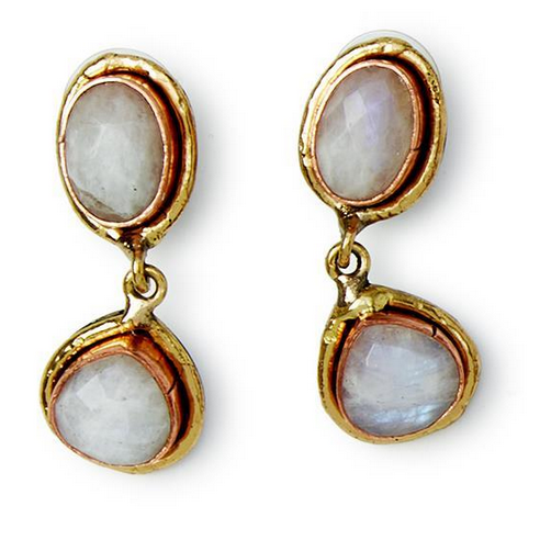 Tuscany Natural Stone Earrings in Gold and Copper Setting. Features two genuine moonstones: oval-shaped at the top, teardrop-shaped at the bottom. Translucent, iridescent appearance. Available in one size.