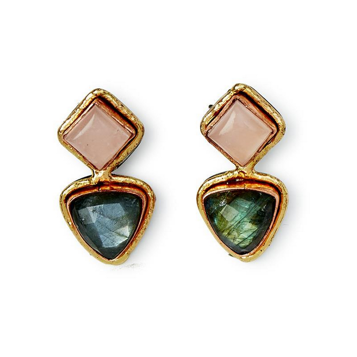 Tuscany Natural Stone Earrings in Gold and Copper Setting. Features: square pale pink natural stones (top) and triangular greenish-blue genuine stones (bottom). Sizes: N/A.