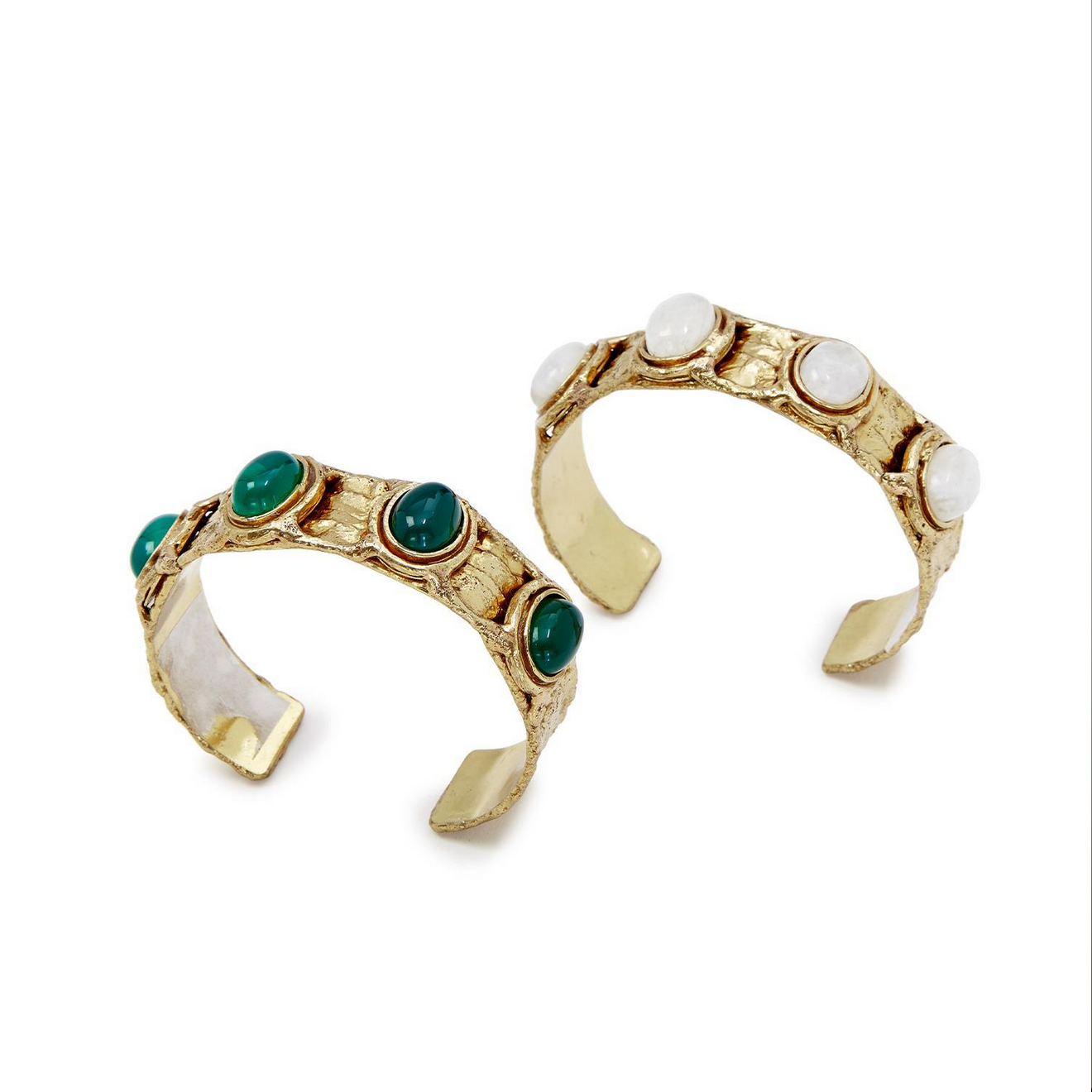 Two Belle Femme Statement Adjustable Cuffs with Natural Stone. Each cuff features three round natural stone inlays; one cuff has green gemstones, the other has white gemstones. Textured, hammered metal finish. Sizes: Adjustable.