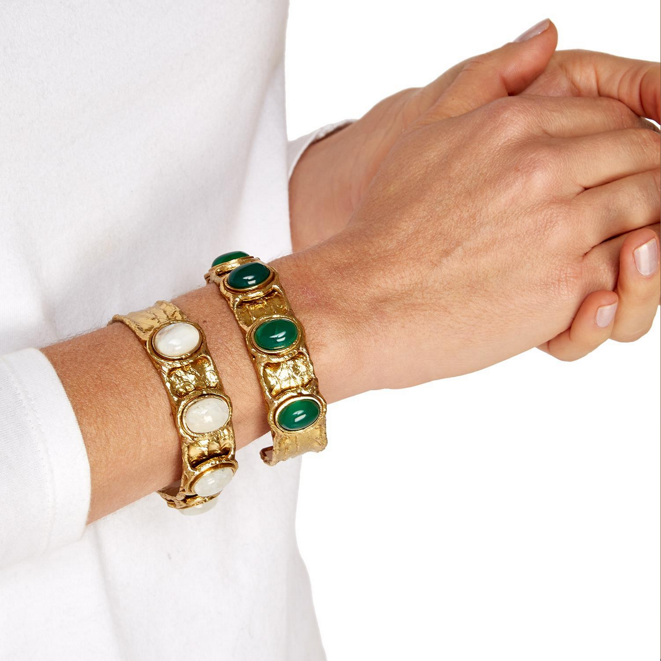 Belle Femme Statement Adjustable Cuffs feature natural stones. Choose between white or green stones. Available in adjustable size for a customized fit.