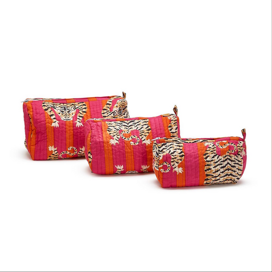 Eye of the Tiger Bold Hand Block Printed Cotton Quilted Cosmetic and Accessory Bags: Set of three vibrant rectangular pouches with red, pink, and orange vertical stripes, featuring a tiger pattern. Hand block printed with zipper closures and fabric loops. Waterproof lining included.

Sizes Available:
- Small
- Medium
- Large