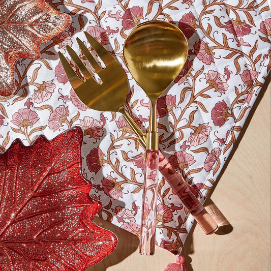 The Pink Blush Set of 2 Servers features a gold fork and spoon with pink acrylic stainless steel handles. Ideal for serving salads. Available sizes: Fork - 10", Spoon - 10".