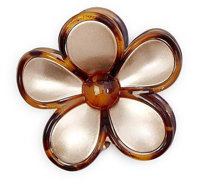 Shiny, five-petal flower claw clip with metallic gold petals and brown tortoise-print edges. Available in multiple sizes.