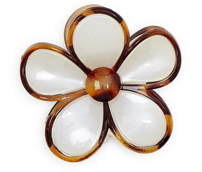Decorative claw clip with five white petals, brown tortoise-print outlines, and glossy brown flower center. Sizes available.