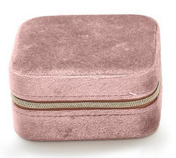 Square pink velvet jewelry box with rounded edges, gold zipper, multi compartments. Available in small and medium sizes.
