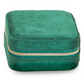 Small square green velvet jewelry box with gold zipper; compact organizer. Sizes available: small.
