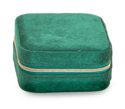 Small square green velvet jewelry box with gold zipper; compact organizer. Sizes available: small.