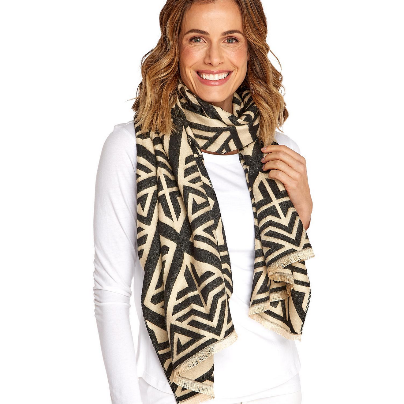 Sophisticated Lady Geometric Printed Super Soft Double Sided Scarf. Beige base with black geometric print. Sizes available: One size fits all.