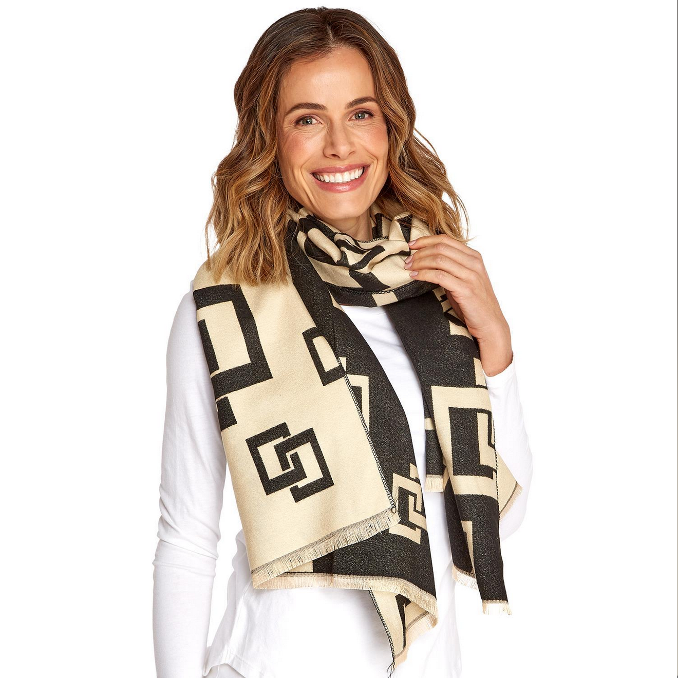 Sophisticated Lady Geometric Printed Super Soft Double Sided Scarf in beige and black. Available sizes: One Size.