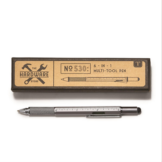 Silver 6-in-1 Multi-Tool Pen, available in one standard size, featuring multiple integrated functions for versatility.