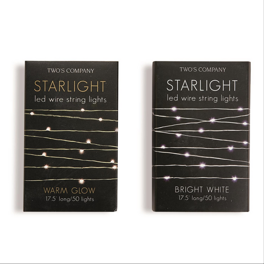 Two boxes of "Starlight LED Wire String Lights in Gift Box" from "Two's Company." Available in sizes: Warm Glow and Bright White. Each string is 17.5 feet long with 50 lights.