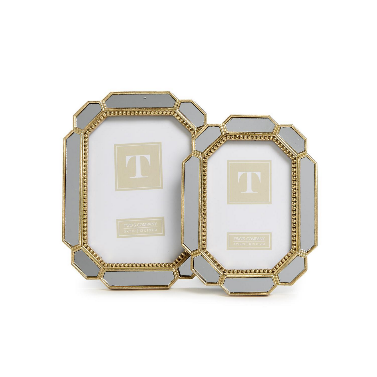 The Beveled Edge Photo Frame with Mirror Border is octagon-shaped featuring gold beaded borders and white inner sections. Available sizes: Small, Large.