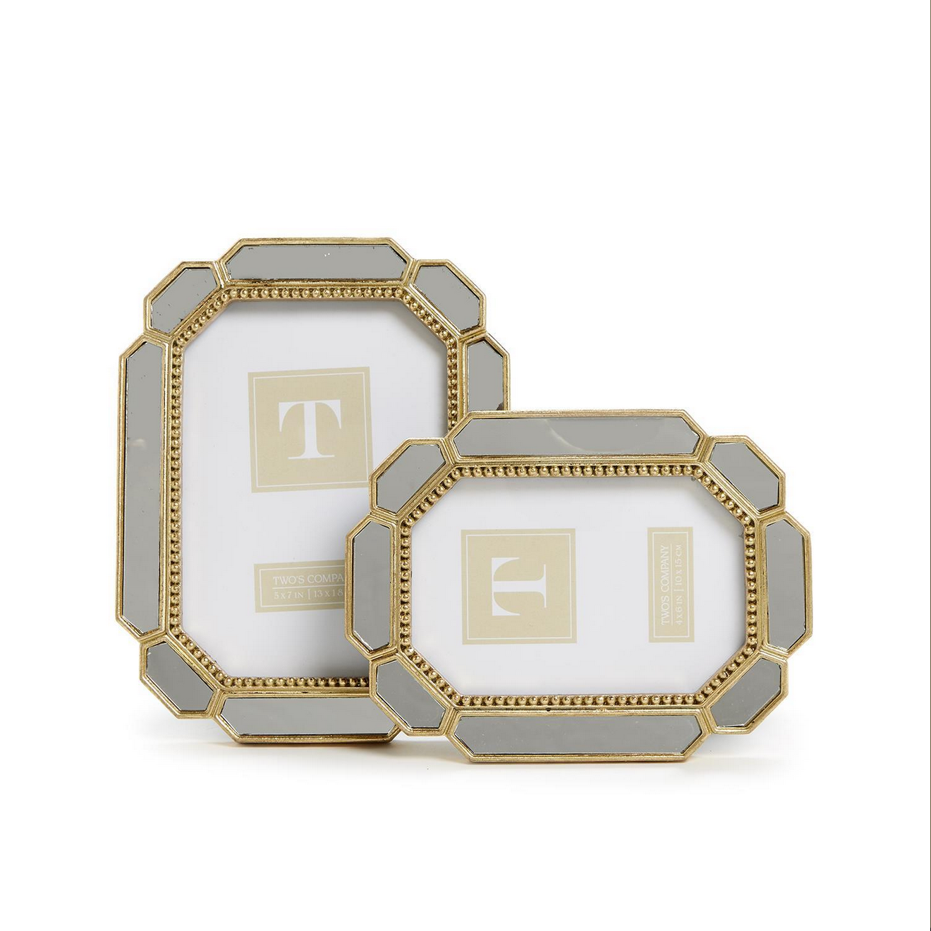 Two Beveled Edge Photo Frames with Mirror Borders, featuring sophisticated beaded detailing in a gold and white rectangular design. Sizes available: Small, Large.