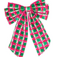 Holiday Bows: Large decorative bow with long, trailing ends. Vibrant checkered pattern in pink, green, and white. Adds a dressy and elegant touch to holiday decor. Sizes: Large.