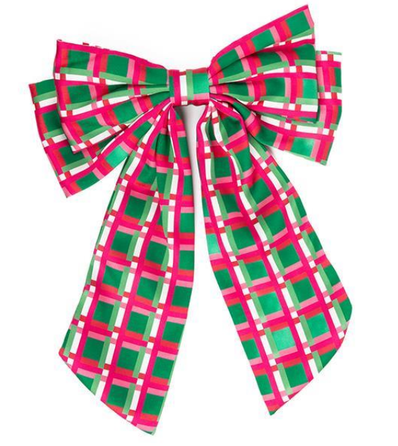 Holiday Bows: Large decorative bow with long, trailing ends. Vibrant checkered pattern in pink, green, and white. Adds a dressy and elegant touch to holiday decor. Sizes: Large.