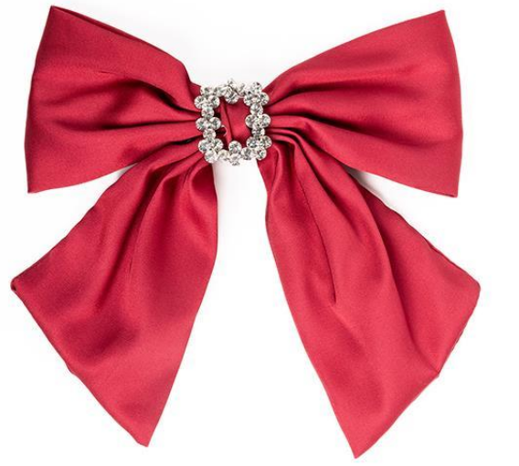 The Holiday Bows: Large red satin bow with silver rhinestone buckle. Wide loops, long tails. Available sizes: Small, Medium, Large.