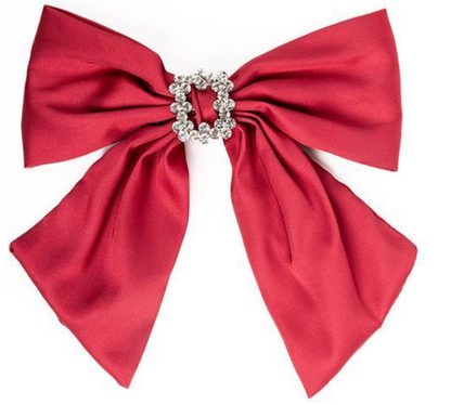 The Holiday Bows: Large red satin bow with silver rhinestone buckle. Wide loops, long tails. Available sizes: Small, Medium, Large.