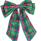 The Holiday Bows feature a large, colorful design with a plaid pattern in shades of green, pink, and blue. Showcasing wide loops and long, tapering tails crafted from soft fabric with a woven texture. Sizes available: 12 inches, 18 inches.