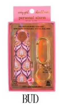 The Simply Southern Personal Alarm features a vibrant pink, orange, and purple floral pattern and includes a sturdy metal carabiner. The packaging highlights the "BUD" brand logo and emphasizes protection and peace of mind. Combining safety with style, this personal alarm embodies the charming essence of Simply Southern living. Sizes available: One size.