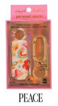 The Simply Southern Personal Alarm features playful rainbows, hearts, and peace signs with "PEACE" inscribed at the bottom. Includes alarm keychain, carabiner, and additional small gadget. One size available.