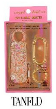 The Simply Southern Personal Alarm boxed set includes a floral-design keychain alarm, a small carabiner, and an extra keychain accessory. The packaging is pink with white and gold text. Available sizes: one size fits all.