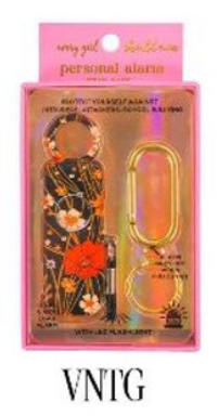 Stylish keychain alarm with a floral design and gold-colored accessories in pink packaging. Features "way girl," "personal alarm," and "VNTG" inscriptions. Sizes available: N/A.