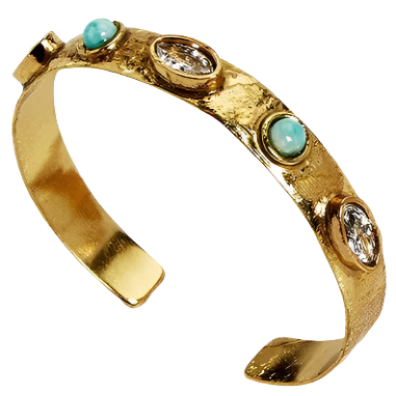 The Understated Natural Stone Accented Adjustable Cuff: Elegant accessory with two turquoise stones in gold bezels and a marquise cut clear crystal. Features textured finish and open-ended, adjustable design for a comfortable fit. Sizes: One Size Adjustable.