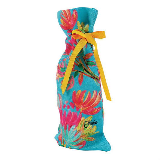 Vibrant, eco-friendly gift bag with colorful floral design on turquoise background. Tied with a yellow ribbon. Reusable. Artwork by Jessi Raulet of EttaVee; artist's signature at the bottom. 

Sizes available:
- Wine bag size: 13.75" x 4" x 4