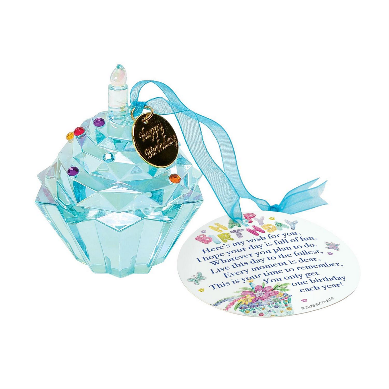 **Enesco's Facet Collection: Happy Birthday Cupcake Ornament**

- Blue faceted crystal with multicolored gem-like dots
- Gold medal and ribbon
- Circular tag with colorful flower border and birthday message
- Perfect for birthday gifts

*Sizes available:*
One size