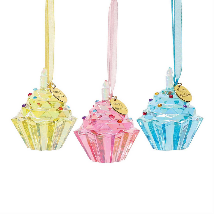 Three decorative Happy Birthday Cupcake Ornaments from Enesco&