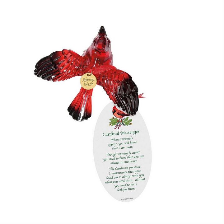 Red acrylic cardinal ornament with a gold “Always Near” charm and poem tag.