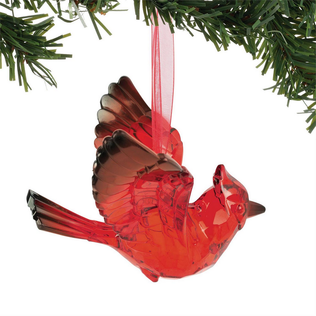 Red acrylic cardinal ornament with wings spread.