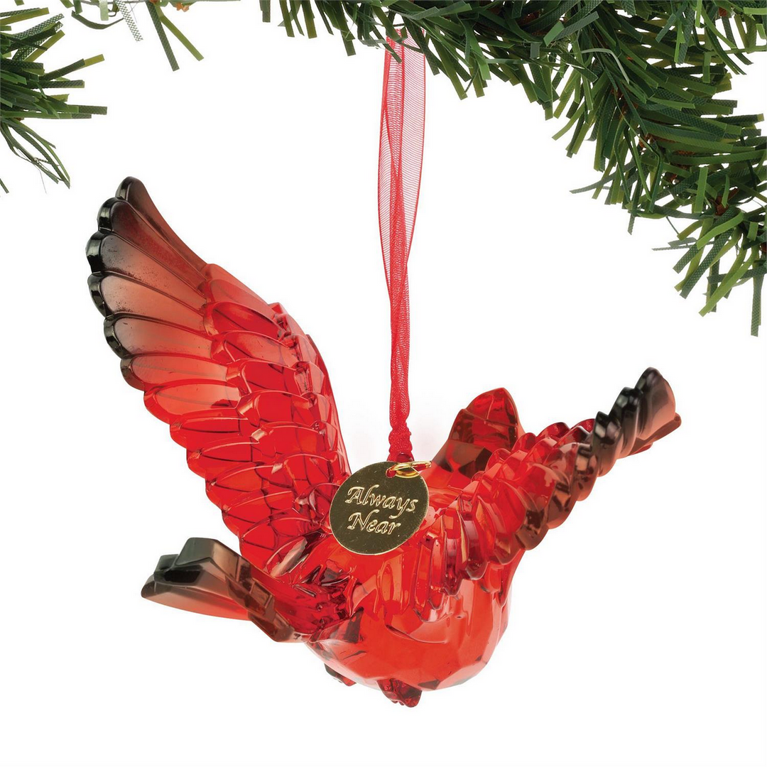 Acrylic Cardinal ornament with wings spread, red ribbon, and “Always Near” gold charm.