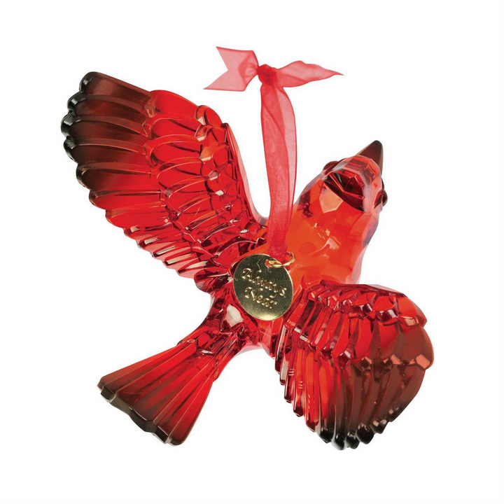 Acrylic Cardinal Ornament with spread wings and a red ribbon with a gold “Always Near” charm.
