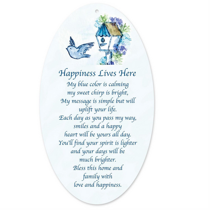 Oval acrylic Bluebird Ornament with watercolor bird, birdhouse, and "Happiness Lives Here" in blue script. Sizes: 4", 6".